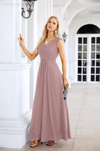 Ladies Chiffon V Neck Sleeveless Floor Length Bridesmaid Evening Dress Wedding Party Evening Dress 28126-numbersea