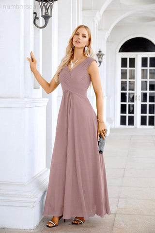 Ladies Chiffon V Neck Sleeveless Floor Length Bridesmaid Evening Dress Wedding Party Evening Dress 28126-numbersea