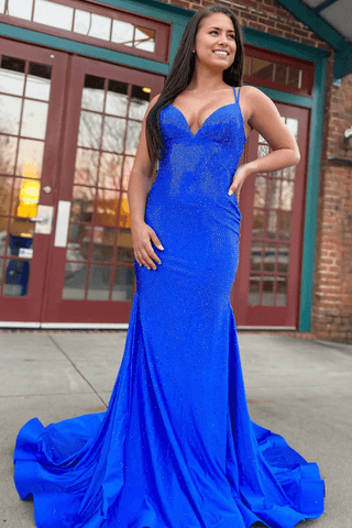 Robe de bal sirène scintillante col en V en satin perlé longue