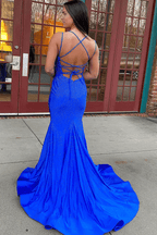 Prom Dress Sparkly Mermaid V Neck Beaded Satin Long