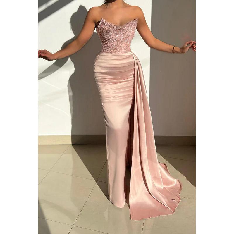 Vestido de fiesta largo con escote en V, sin tirantes, con lentejuelas y cuentas fruncidas