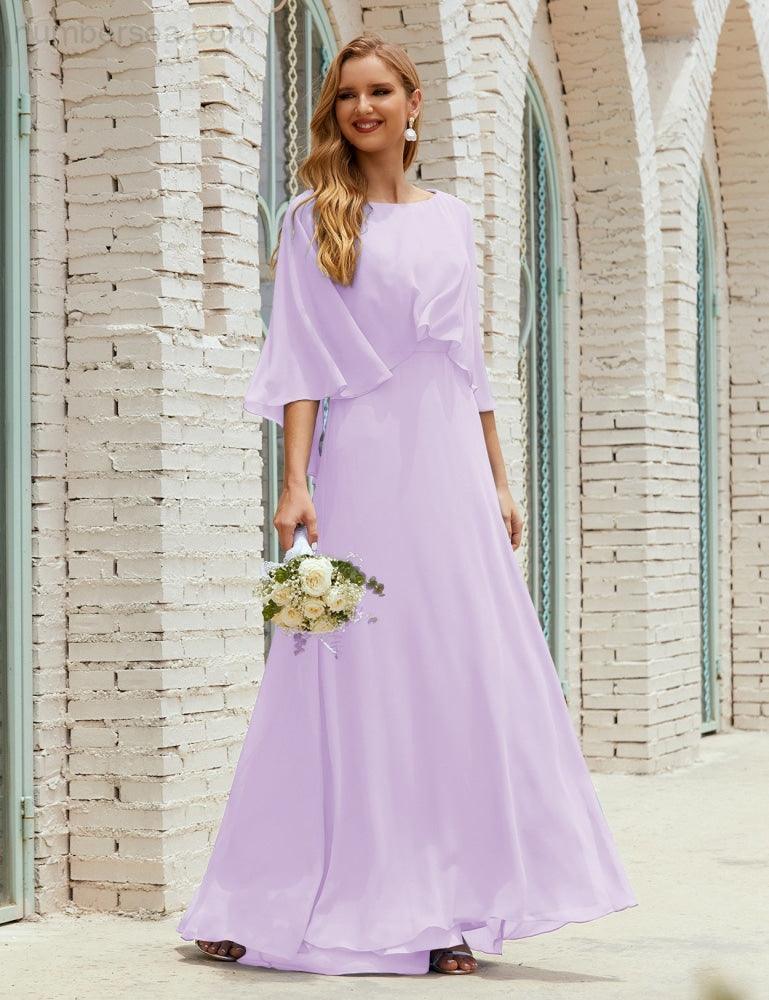 Numbersea Bridesmaid Dress Women Long Sleeve V-Neck Chiffon Formal Wedding Party 28018