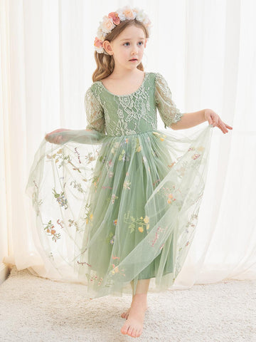 Sage Scoop Neck Cloth Surface and Tulle Flower Girl Dress (2003227581)