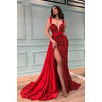 Vestidos de noche formales largos con escote en V pronunciado, lentejuelas brillantes y abertura