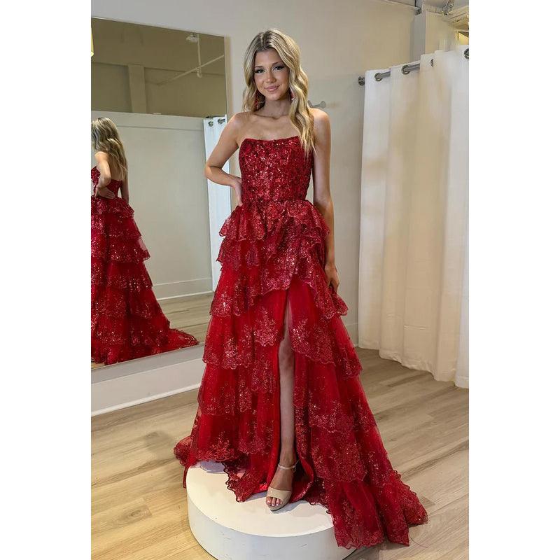 Glamouröses und dramatisches schulterfreies, funkelndes, ärmelloses A-Linien-Party-Ballkleid mit Schlitz