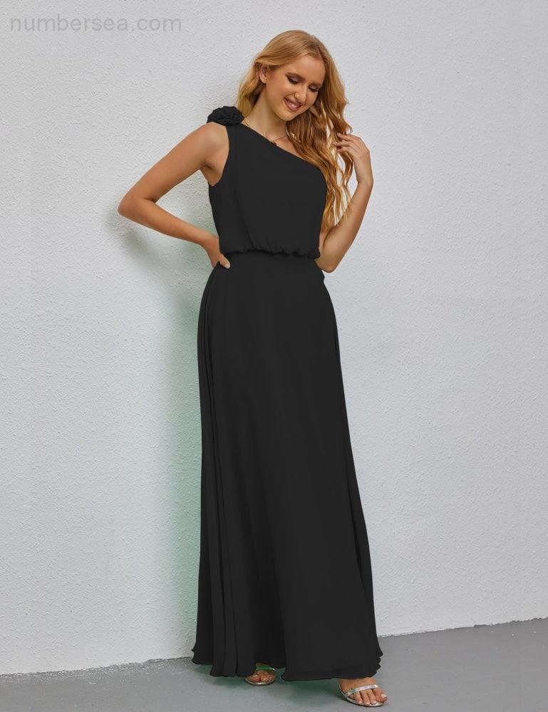 Ruffled One Shoulder Sleeveless Long Bridesmaid Dresses A-line Formal Evening Gown Side Split 28080-numbersea