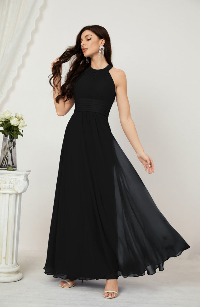 Numbersea Formal Party Gown Dress Chiffon Halter Long Sleeveless Bridesmaid Dresses 2802 Black