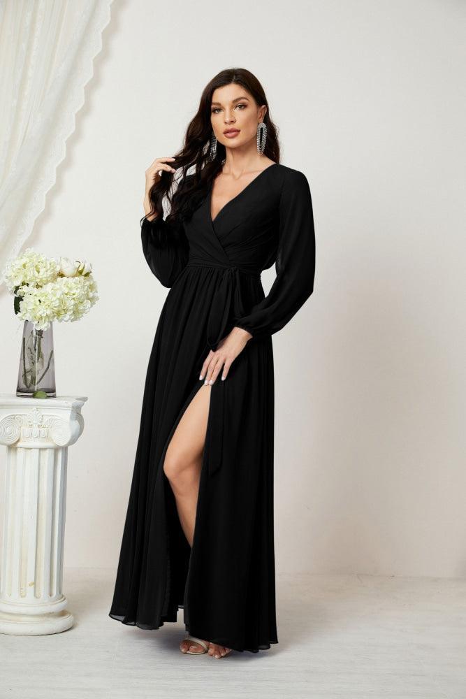 Numbersea Evening Dresses Deep V-Neck Chiffon Bridesmaid Dresses Long Bishop Sleeve Side Split Formal Dress 2806-numbersea