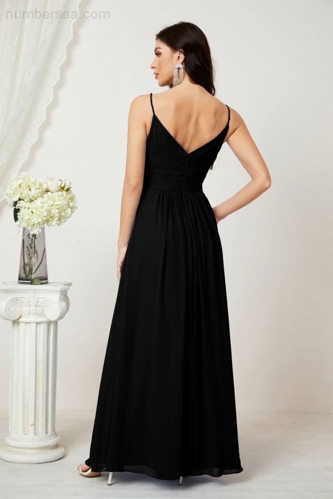 Numbersea Chiffon V-Neck Bridesmaid Dress Spaghetti Strap Long Formal Party Prom Gowns with Slit 28010-numbersea