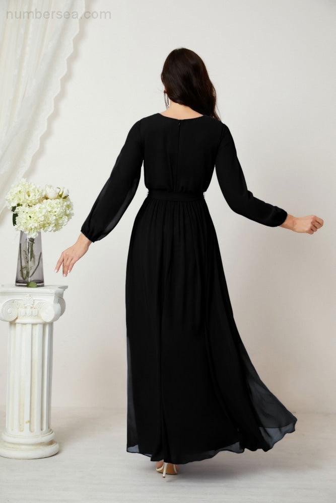 Numbersea Evening Dresses Deep V-Neck Chiffon Bridesmaid Dresses Long Bishop Sleeve Side Split Formal Dress 2806-numbersea