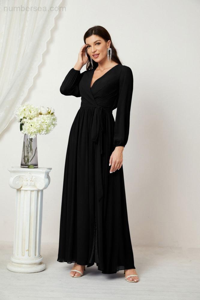 Numbersea Evening Dresses Deep V-Neck Chiffon Bridesmaid Dresses Long Bishop Sleeve Side Split Formal Dress 2806-numbersea