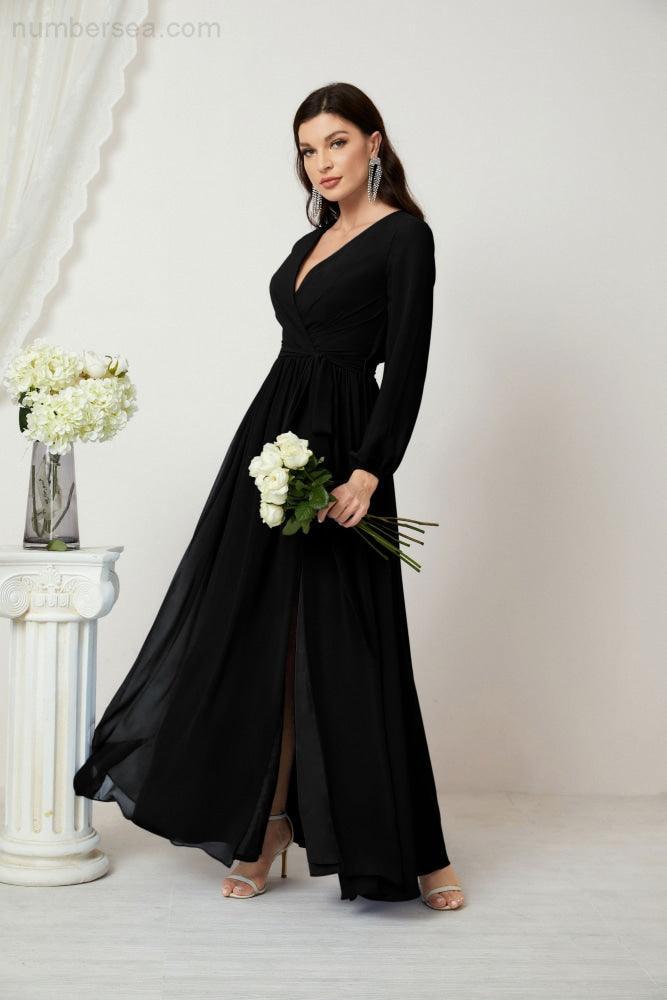 Numbersea Evening Dresses Deep V-Neck Chiffon Bridesmaid Dresses Long Bishop Sleeve Side Split Formal Dress 2806-numbersea