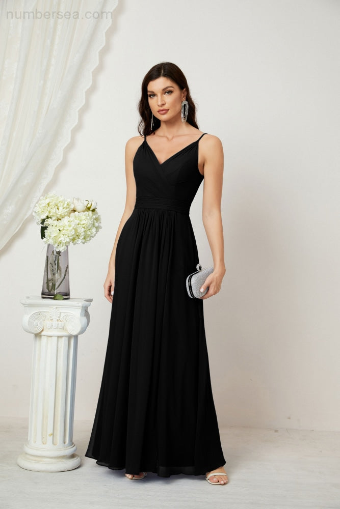 Numbersea Chiffon V-Neck Bridesmaid Dress Spaghetti Strap Long Formal Party Prom Gowns with Slit 28010-numbersea