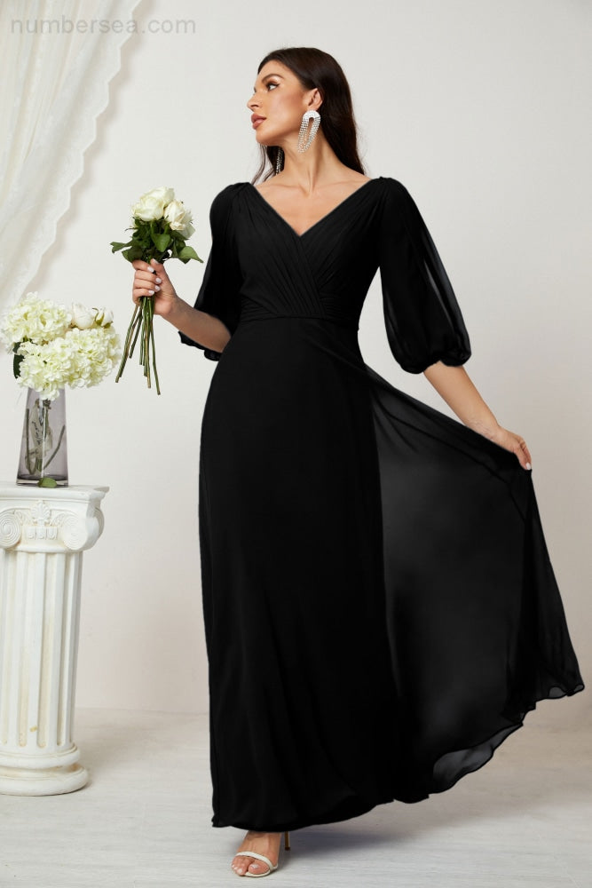 Numbersea Formal Prom Gown Women V-Neck Chiffon Bridesmaid Dresses Long Bishop Sleeve Party Dress 2807-numbersea