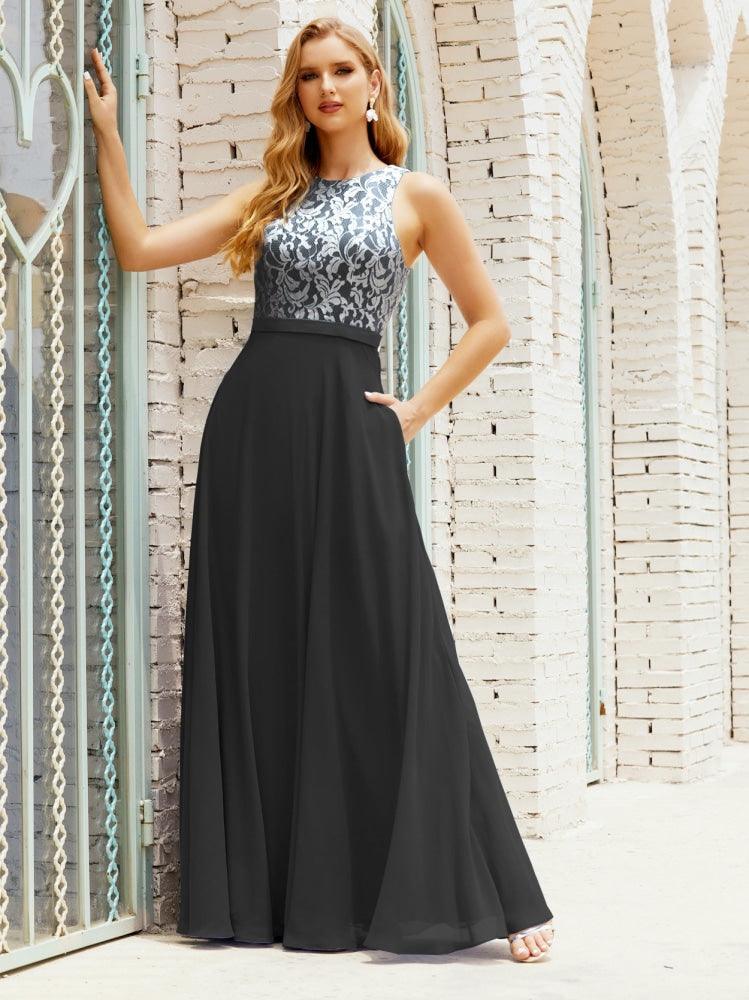 Lace Bridesmaid Dress Floor Length Evening Gowns with Pockets 28017-numbersea