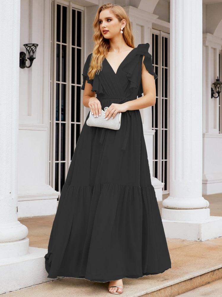 Numbersea Women's Open Back Formal Evening Party Prom Gowns V-Neck Long Chiffon Bridesmaid Dresses with Waist Belt 28038-numbersea