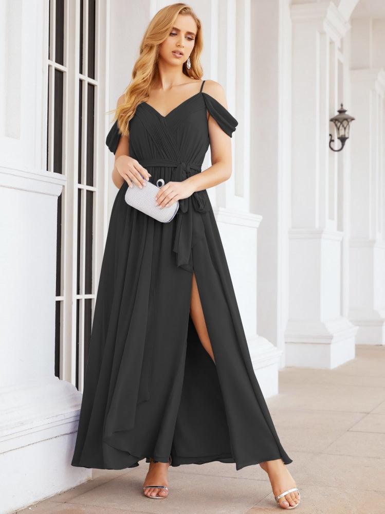 Numbersea Off The Shoulder Chiffon Bridesmaid Dress Long Formal Graduation Gown with Cowl Back 28069-numbersea