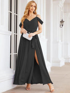 Numbersea Off The Shoulder Chiffon Bridesmaid Dress Long Formal Graduation Gown with Cowl Back 28069-numbersea