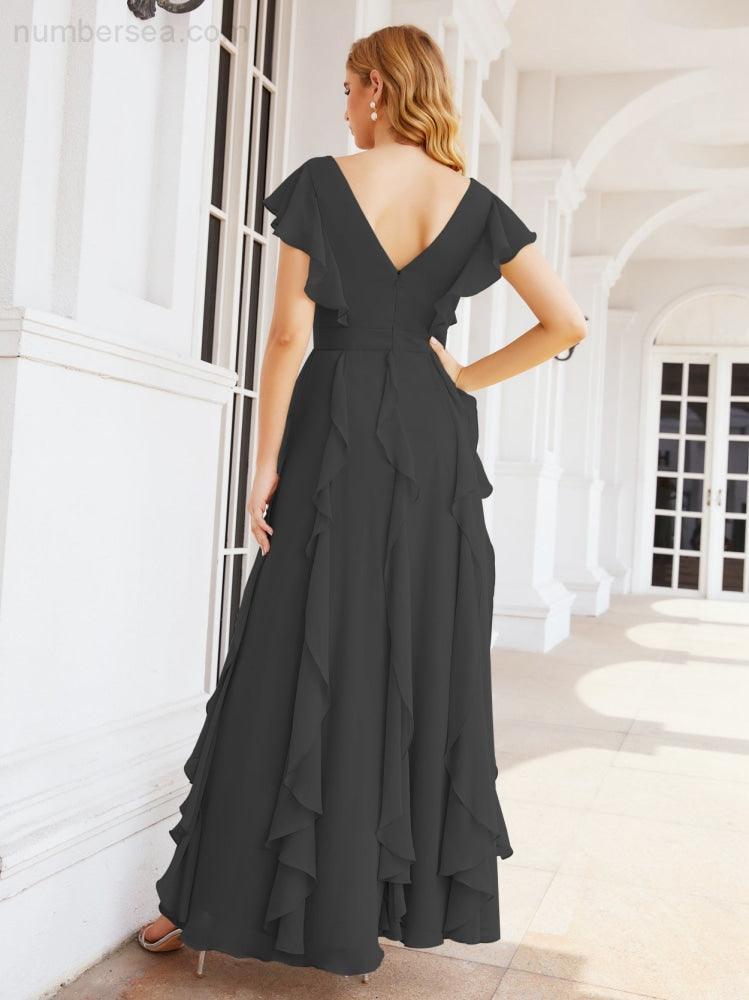 Ruffled Bridesmaid Dresses with Sleeves Long Formal Party Dress 28041-numbersea