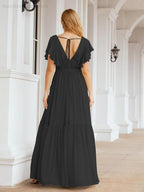 Numbersea Women's Open Back Formal Evening Party Prom Gowns V-Neck Long Chiffon Bridesmaid Dresses with Waist Belt 28038-numbersea
