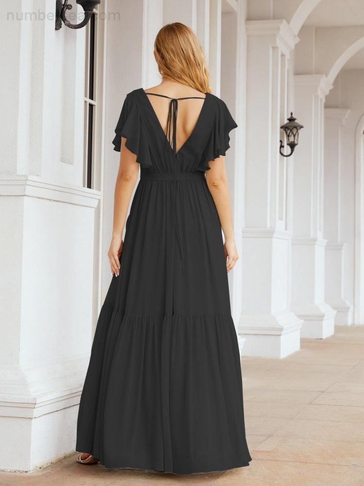 Numbersea Women's Open Back Formal Evening Party Prom Gowns V-Neck Long Chiffon Bridesmaid Dresses with Waist Belt 28038-numbersea