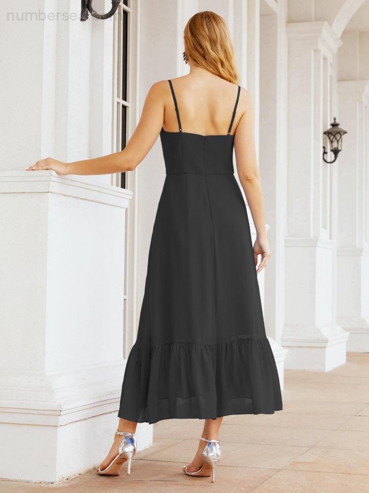 Numbersea Women Strap Chiffon Bridesmaid Dress Ankle Length Sleeveless Blackless Ruffle A Line