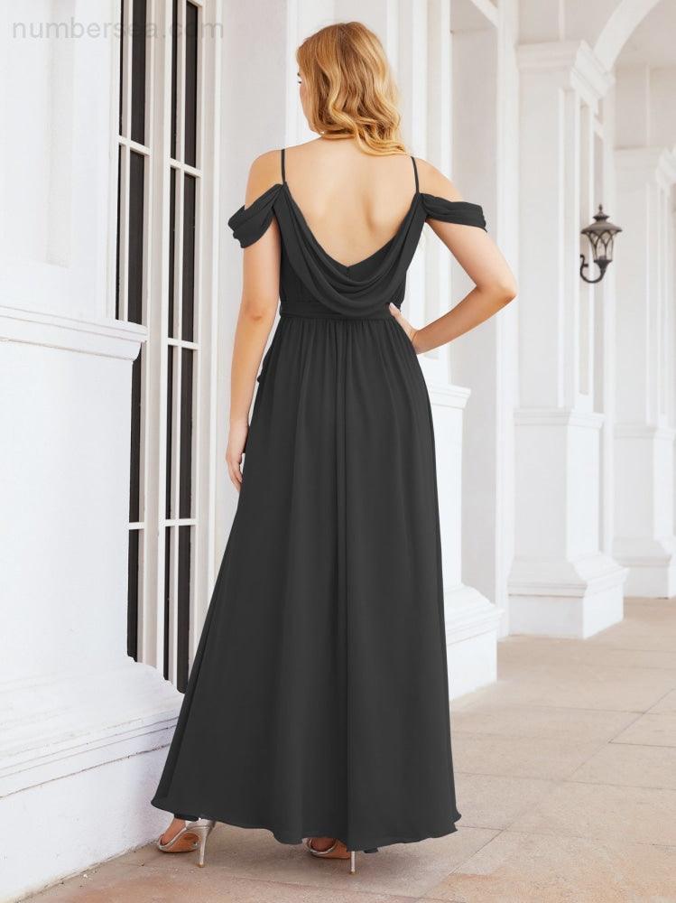 Numbersea Off The Shoulder Chiffon Bridesmaid Dress Long Formal Graduation Gown with Cowl Back 28069-numbersea