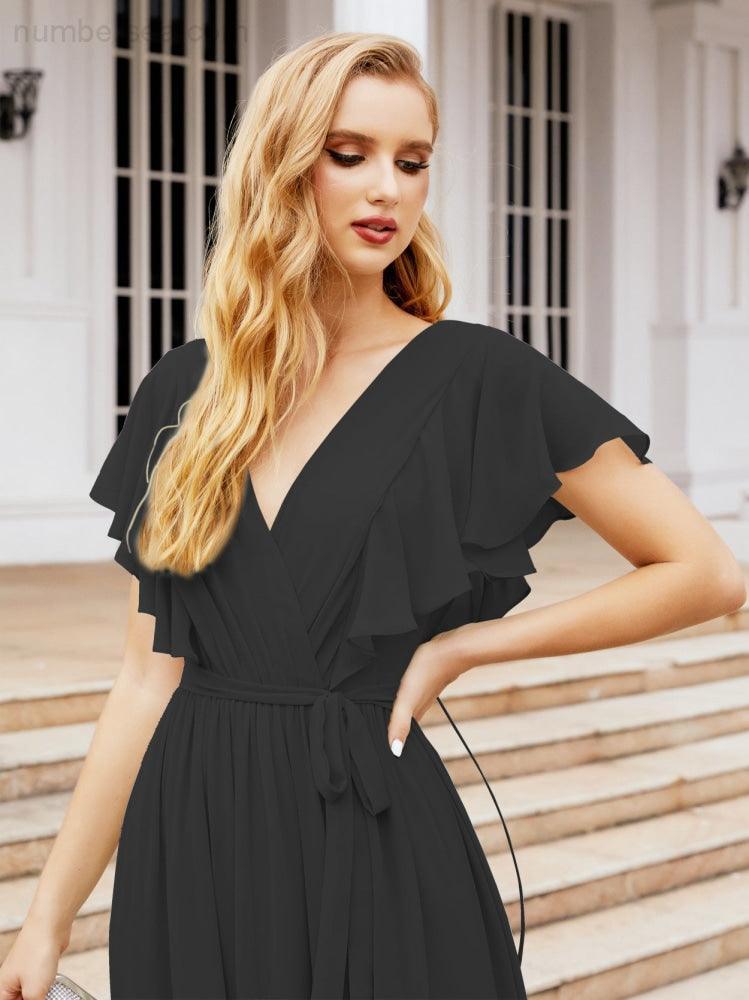 Numbersea Women's Open Back Formal Evening Party Prom Gowns V-Neck Long Chiffon Bridesmaid Dresses with Waist Belt 28038-numbersea