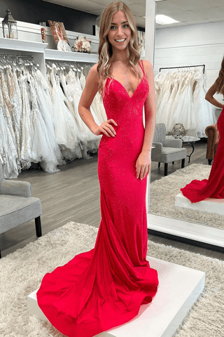 Robe de bal sirène scintillante col en V en satin perlé longue