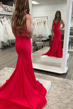 Prom Dress Sparkly Mermaid V Neck Beaded Satin Long