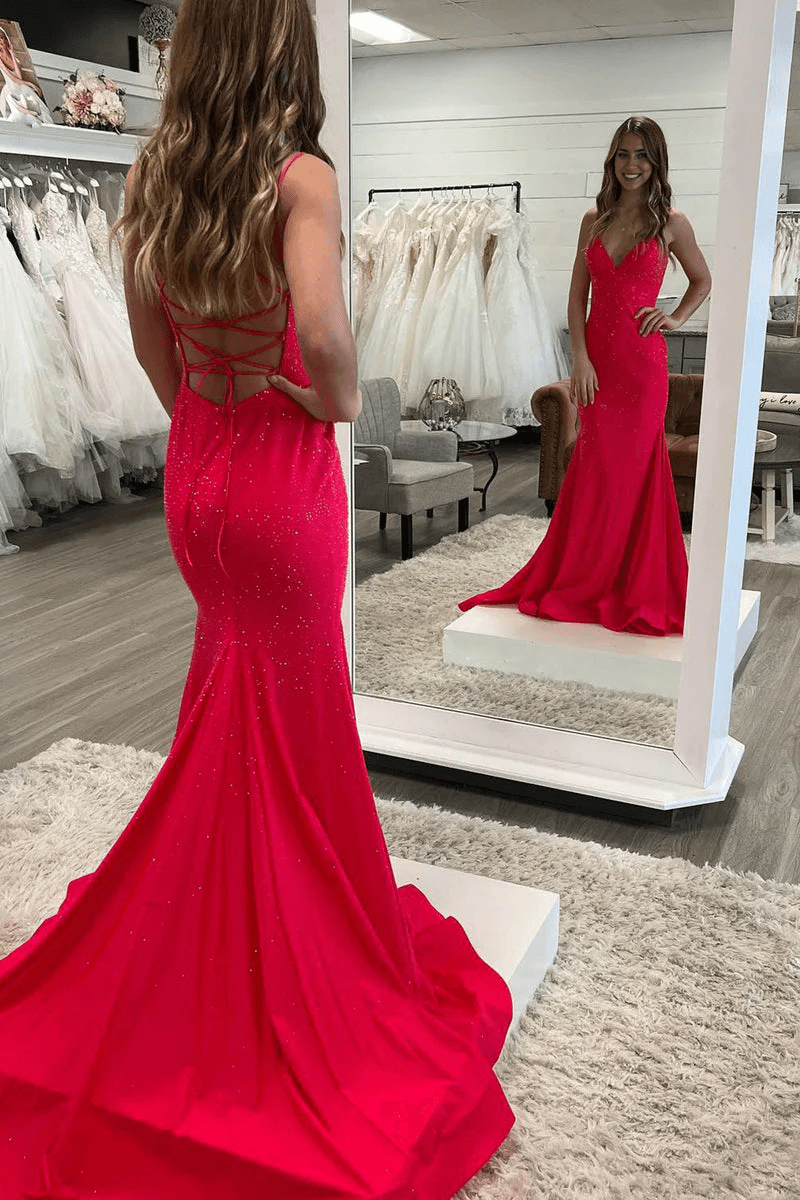 Prom Dress Sparkly Mermaid V Neck Beaded Satin Long