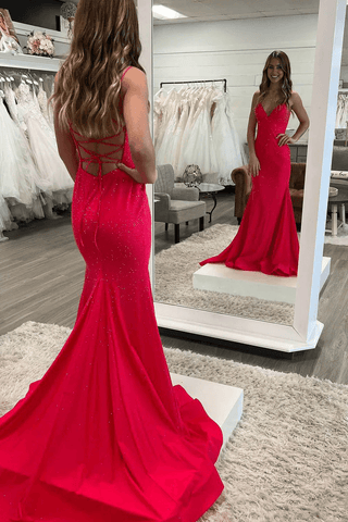 Robe de bal sirène scintillante col en V en satin perlé longue