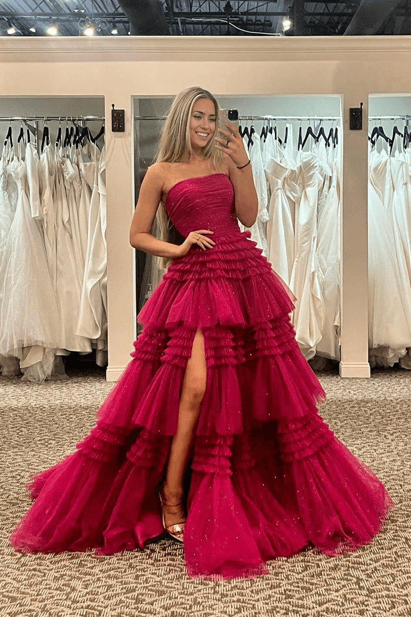 Vestido de fiesta largo de tul sin tirantes, corte A y volantes escalonados