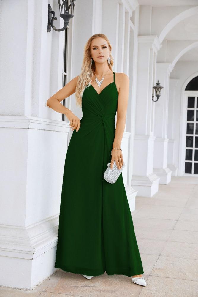 Ladies Chiffon Spaghetti Strap V Neck Front Slit Floor Length Bridesmaid Evening Dress Prom Party Wedding Evening Dress 28116-numbersea