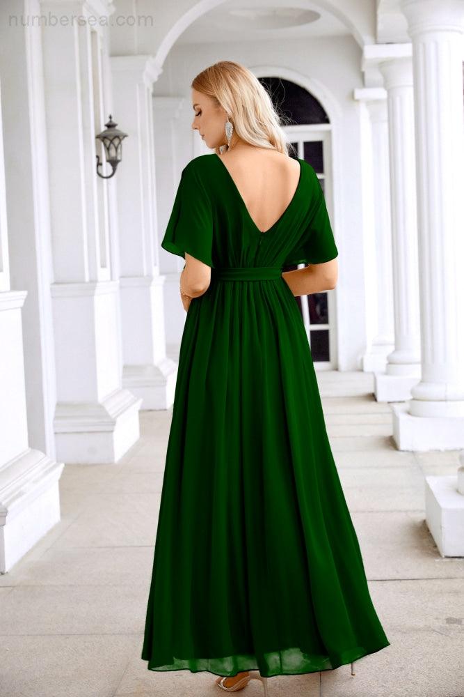 Ladies Chiffon Sleeve Crew Neck Front Slit Floor Length Bridesmaid Evening Dress Wedding Party Evening Dress 28124-numbersea