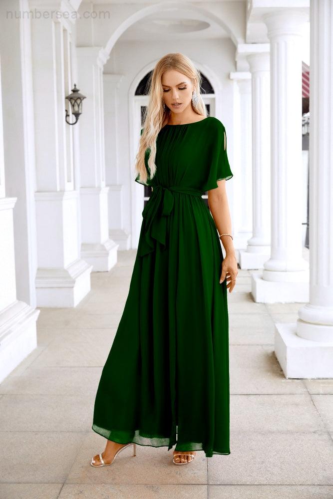 Ladies Chiffon Sleeve Crew Neck Front Slit Floor Length Bridesmaid Evening Dress Wedding Party Evening Dress 28124-numbersea