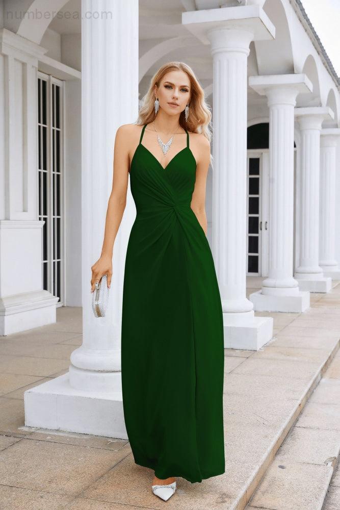 Ladies Chiffon Spaghetti Strap V Neck Front Slit Floor Length Bridesmaid Evening Dress Prom Party Wedding Evening Dress 28116-numbersea