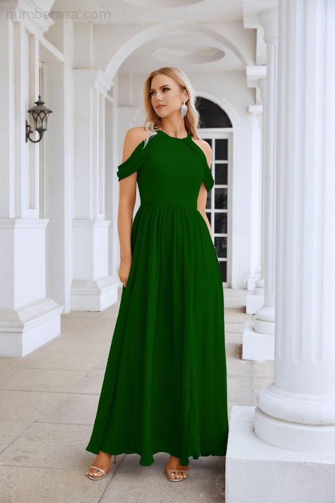 Ladies Chiffon Off Shoulder Swing Sleeve Front Slit Bridesmaid Evening Dress Wedding Party Evening Dress 28117-numbersea