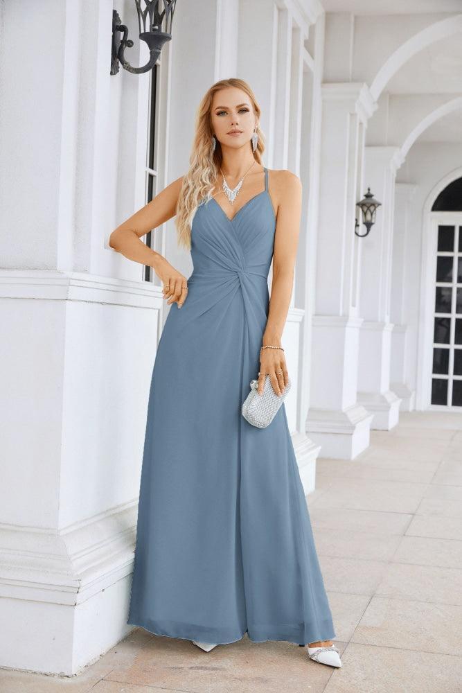 Ladies Chiffon Spaghetti Strap V Neck Front Slit Floor Length Bridesmaid Evening Dress Prom Party Wedding Evening Dress 28116-numbersea