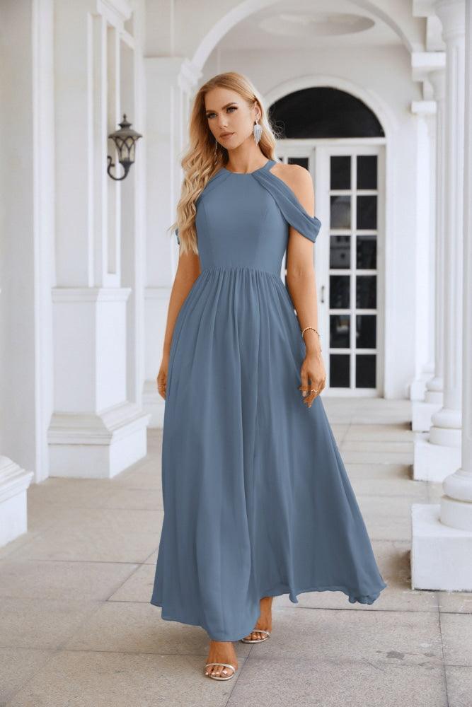 Ladies Chiffon Off Shoulder Swing Sleeve Front Slit Bridesmaid Evening Dress Wedding Party Evening Dress 28117-numbersea