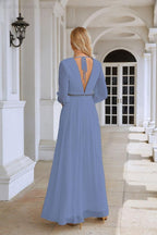 Ladies V Neck Chiffon Long Sleeve Front Slit Bridesmaid Evening Dress Wedding Party Shopping Evening Dress 28109-numbersea