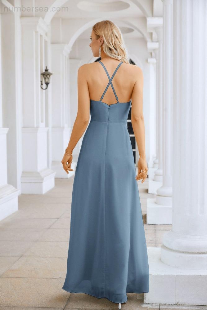 Ladies Chiffon Spaghetti Strap V Neck Front Slit Floor Length Bridesmaid Evening Dress Prom Party Wedding Evening Dress 28116-numbersea
