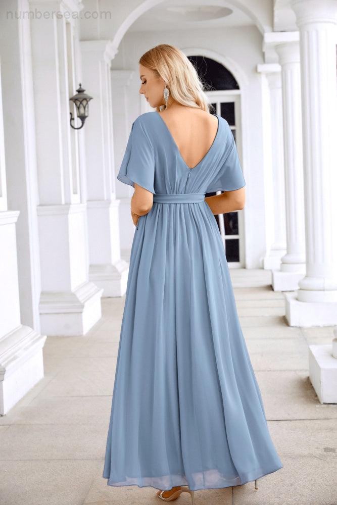 Ladies Chiffon Sleeve Crew Neck Front Slit Floor Length Bridesmaid Evening Dress Wedding Party Evening Dress 28124-numbersea