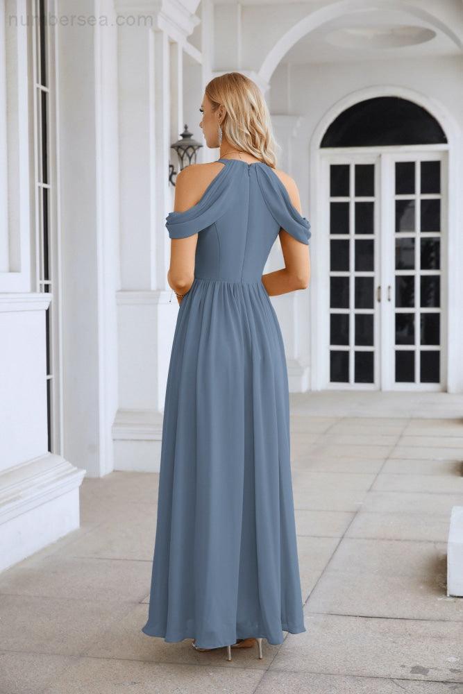 Ladies Chiffon Off Shoulder Swing Sleeve Front Slit Bridesmaid Evening Dress Wedding Party Evening Dress 28117-numbersea