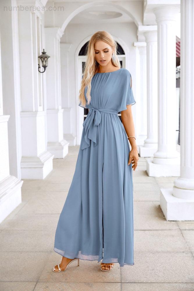 Ladies Chiffon Sleeve Crew Neck Front Slit Floor Length Bridesmaid Evening Dress Wedding Party Evening Dress 28124-numbersea