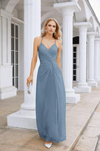 Ladies Chiffon Spaghetti Strap V Neck Front Slit Floor Length Bridesmaid Evening Dress Prom Party Wedding Evening Dress 28116-numbersea