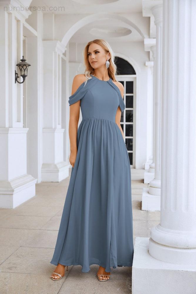 Ladies Chiffon Off Shoulder Swing Sleeve Front Slit Bridesmaid Evening Dress Wedding Party Evening Dress 28117-numbersea