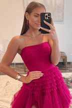Vestido de fiesta largo de tul sin tirantes, corte A y volantes escalonados