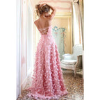 Strapless Lace-Up Appliqued Tulle A-Line Long Prom Gown With Slit