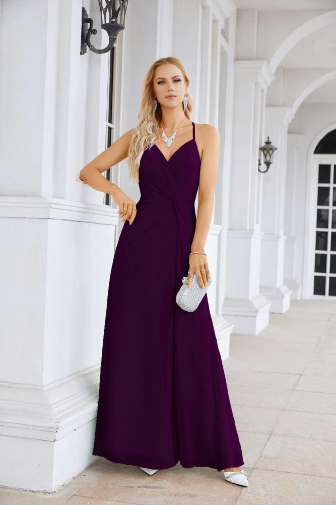 Ladies Chiffon Spaghetti Strap V Neck Front Slit Floor Length Bridesmaid Evening Dress Prom Party Wedding Evening Dress 28116-numbersea